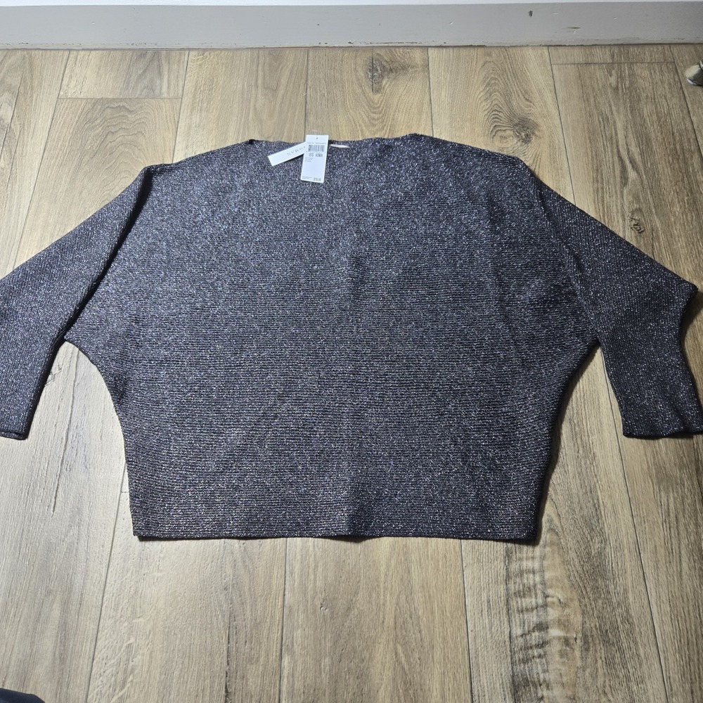 NEW Philosophy Silver/Black Pullover Sweater 1X‎ Plus Crop 3/4 Sleeve Sparkly